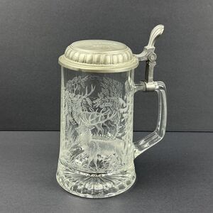 ALWE German Etched Clear Glass Deer Stein Mug Pewter Lid -Father's Day Leah 1990